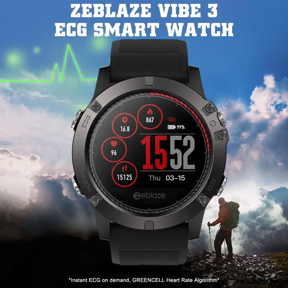 

For Zeblaze Vibe 3 ECG Smart Watch IP67 Waterproof GREENCELL Heart Rate Blood Pressure Instant ECG Sport Smart Watch Android IOS