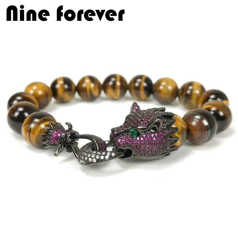 Online Pulsera con dijes de leopardo nueve para siempre, joyería para hombre, pulseras y brazaletes con cuentas de piedra natural, pulseira masculina bileklik