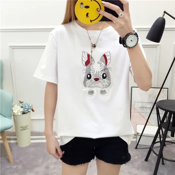 

2018 Summer wild cotton hooligan rabbit embroidery T shirt women short-sleeved o-neck T shirt natural tops for women 285