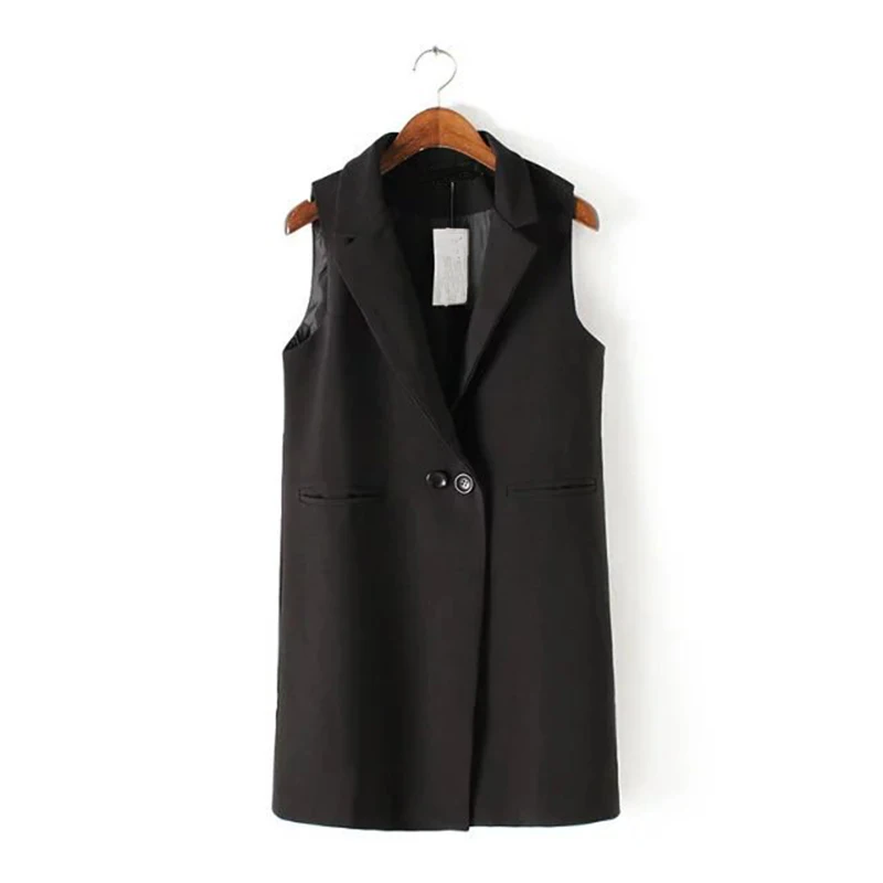 2017 Winter Black Long Vest Woman Sleeveless Blazer Coat Black Vests of