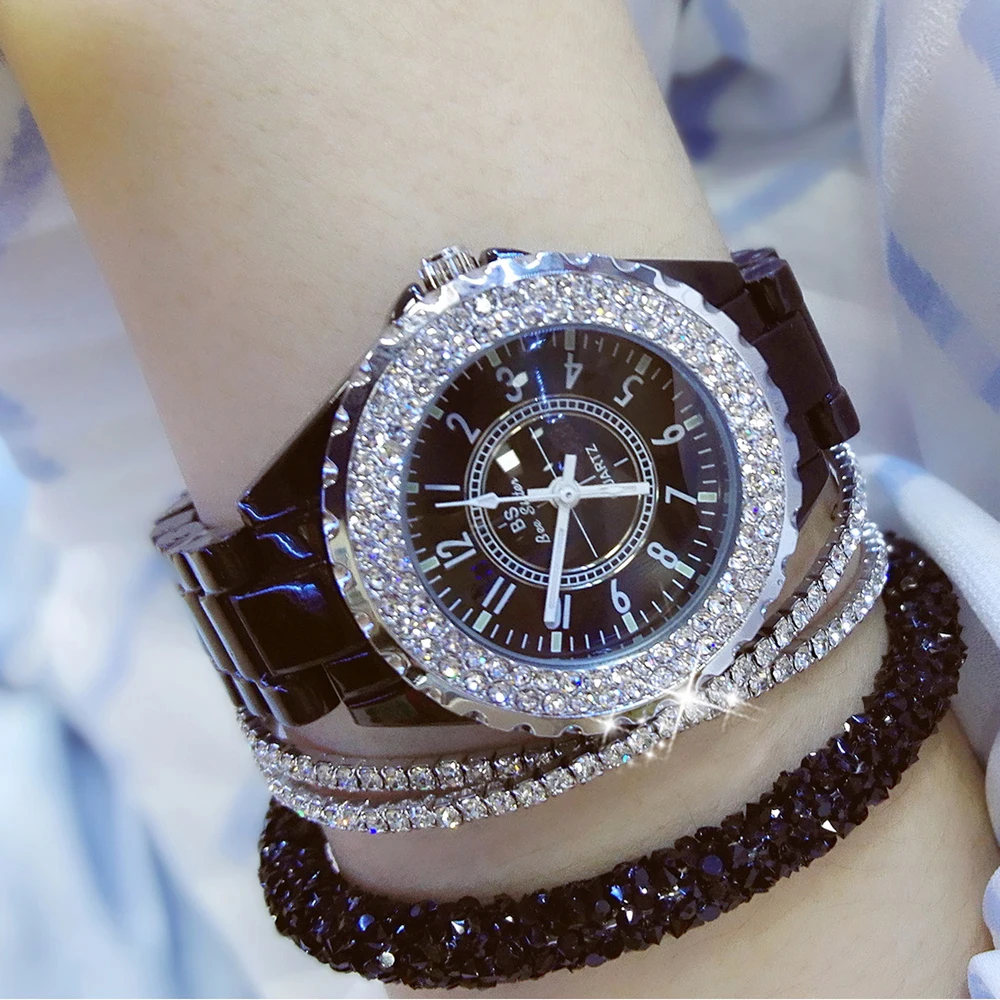 Кварцевые часы со звездным светом, Relogio Feminino, роскошное платье, женские часы, белая керамика, бриллиантовые стразы, наручные часы