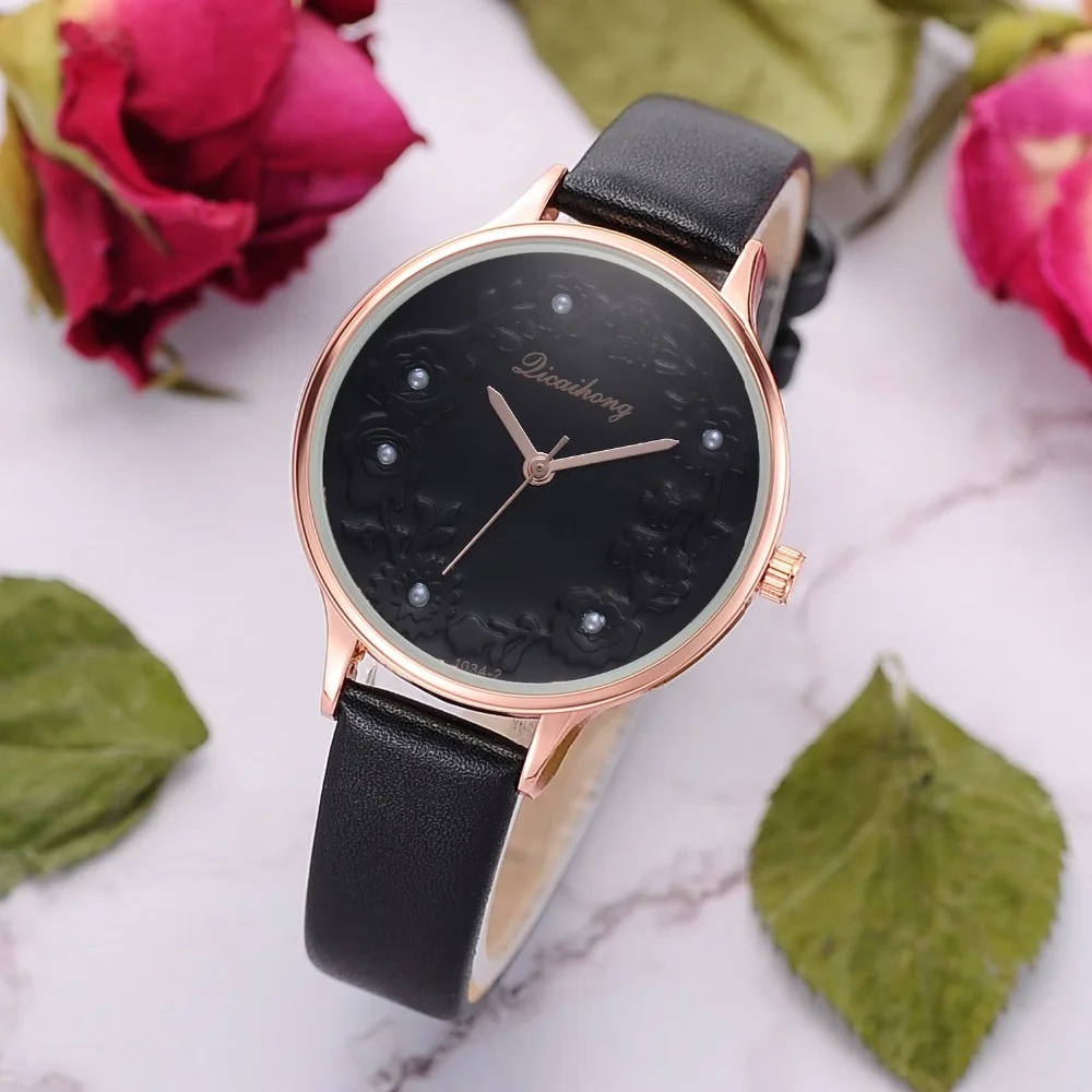 3D Embossed Flowers Watches For Women Pearls Macaron Leather Girls Creative Quartz Clock Ladies Bracelet Wrist Watch