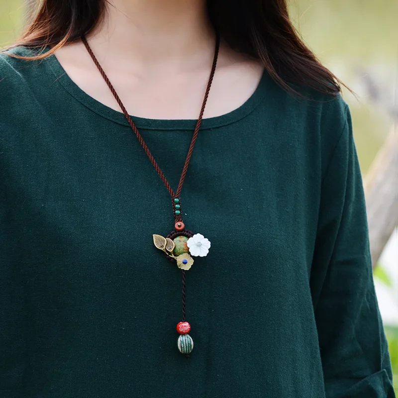 

Cute green turkey stone Long Necklace For Women Shell Copper Flower Ceramic Drop Pendant Rope Chians Vintage Jewelry 2018