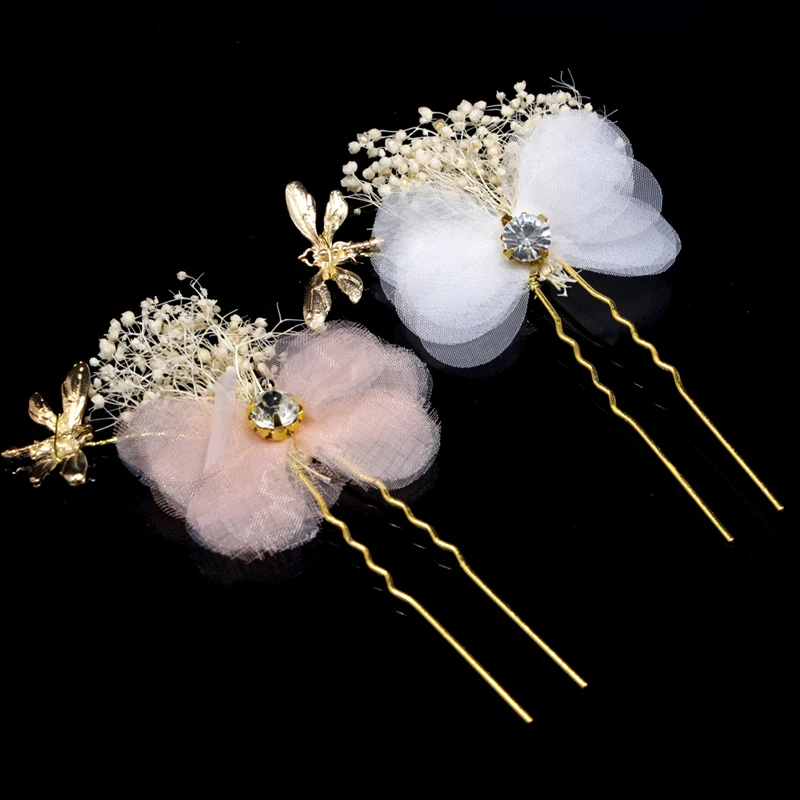 

Handmade Dragonfly Wedding Hairpins Crystal Bride Hair Pin Sticks Pink Bridal Hair Flower Clip For Women Accessories Jewelry