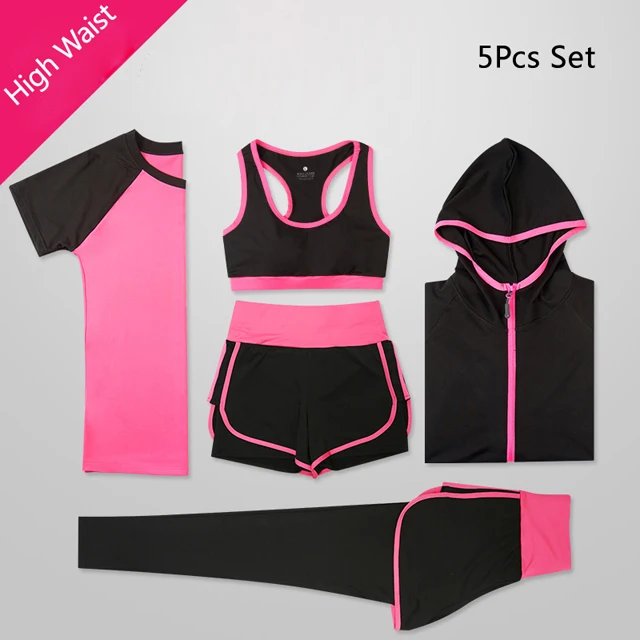 Женский комплект из 5 предметов для йоги, для бега, футболка, фитнес, бюстгальтер, спортивная одежда, одежда для спортзала, Женский комплект для тренировок, спортивный костюм - Цвет: 5pcs set rose Red