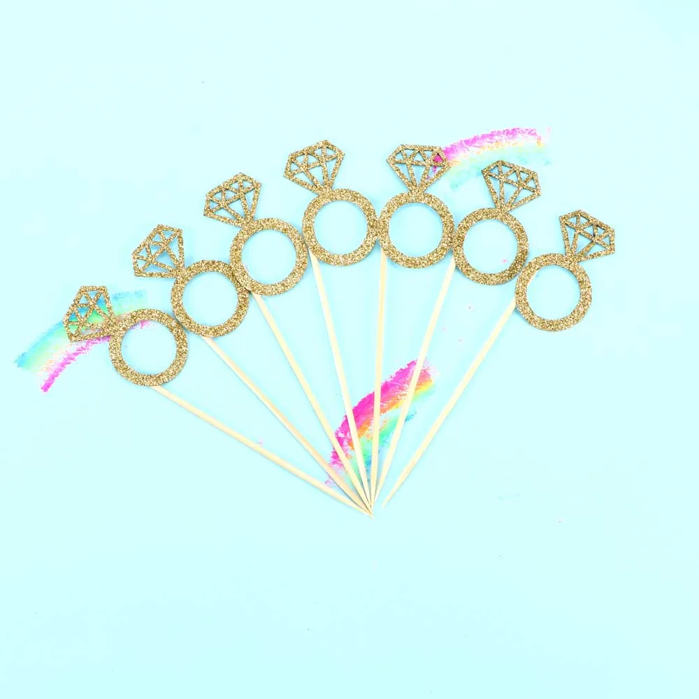 

24pcs Wedding Birthday Party Favors Cake Decor Cupcake Toppers Picks Gold Glitter Ring Shape Marriage Party Supplies Gifts