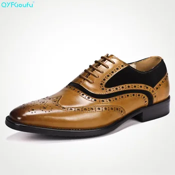 

QYFCIOUFU Two Tone Men Formal Brogue Shoes Luxury Dress Shoes Genuine Leather High Quality Cow Leather Retro Oxford Shoes