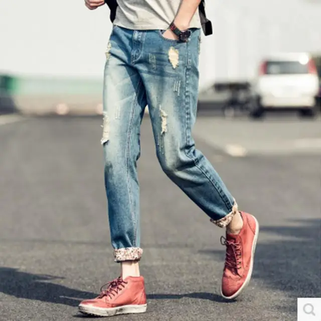 Fashion Distessed Hole Ripped Jeans Men Moustache Effect Slim Fit Cottn  Teenagers Mens Denim Cuffed Flanging Harem Pants 28-34 - Jeans - AliExpress