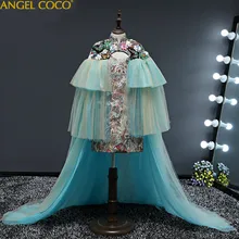 Платье для девочек+ шаль, модная модель, детское вечернее платье для сцены, подиума, сцены со шлейфом