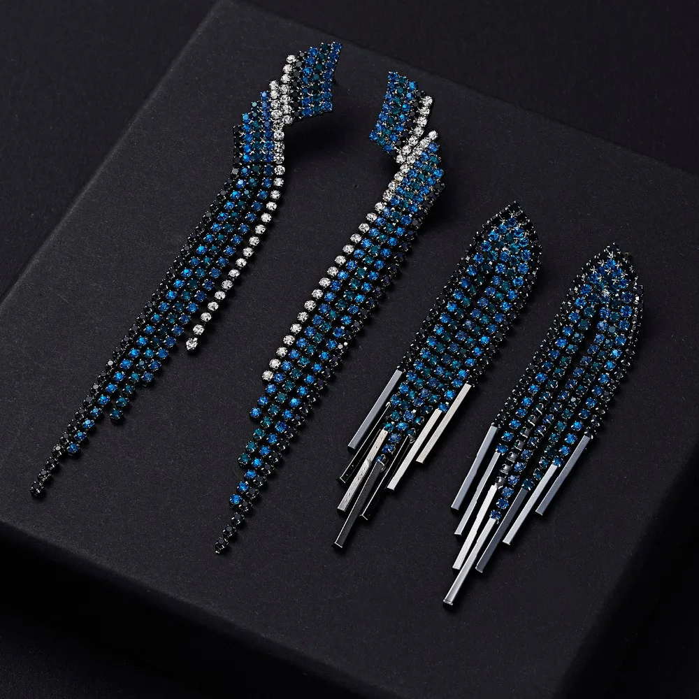 HTB168VkeBWD3KVjSZKPq6yp7FXah - Blue Color Rhinestone Long Tassel Drop Earrings for Women Geometric Earing Bridal Wedding Engagement Jewelry Accessories Gift