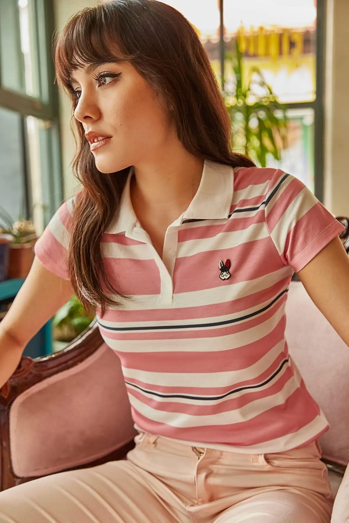 

Ola Women Powder Thick Stripe Polo Collar T-Shirt TSH-19000144