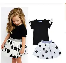 2016 ins summer baby girls clothing set cotton bow short T-shirt+flower skirt 2pcs kids children bebe baby girl clothes set suit