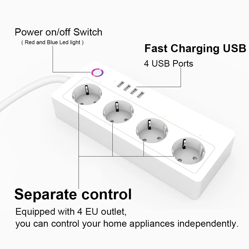 Умная Wi-Fi мощность полосы ЕС Plug 4 USB таймер розетка Удлинитель сетевой фильтр Голосовое управление работа Alexa Google IFTTT