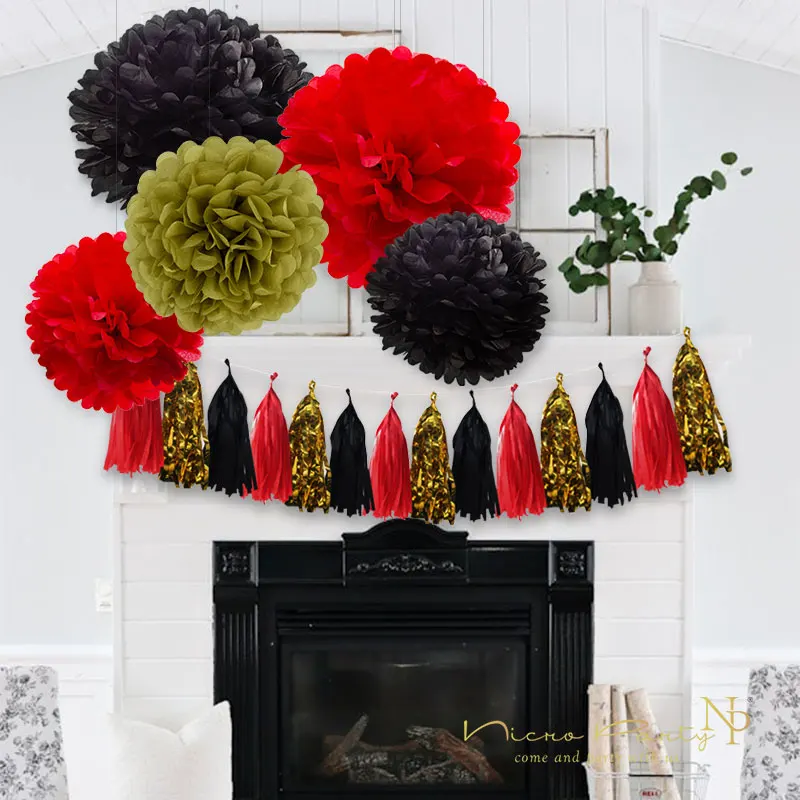 Nicro Mixed Gold Black Red Party Tissue Pom Poms Paper Tassel Garland