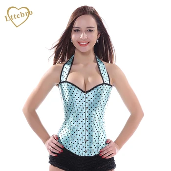

Fashion Women's Corset Overbust Bustier Lace Pink Green Brown Straps Dot Corsets Women Bustier Sexy Satin Strap Halter Bustier