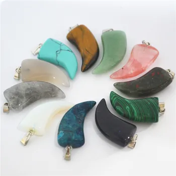 

2018 Hot Natural Stones Onyx Pink Quartz Crystal Tiger Eye Horn Shape Pendants Jewelry for Women Men Best 12PCS 30*14MM