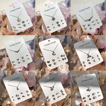 

2019 Fashion 4 Pairs Leaf Small Stud Earrings And 1 Pcs 45cm Chain Pendant Necklaces Jewelry Sets For Women Girls Gifts