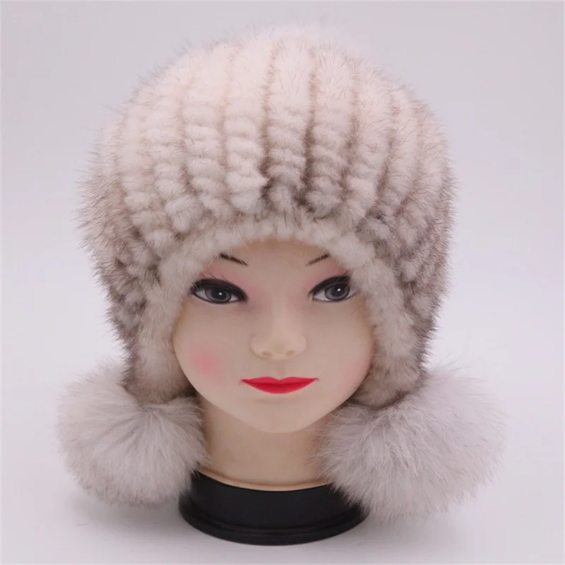 Натуральный мех норки Pom Hat зима вязаный комплект шапки для девочек и мальчиков Вязаная Шапка-бини большой реального норки меховая шапка