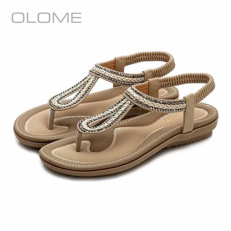 

OLOME new super fire personality Wild Bohemian rhinestone casual beach shoes open toe round head sandals female large size36-43