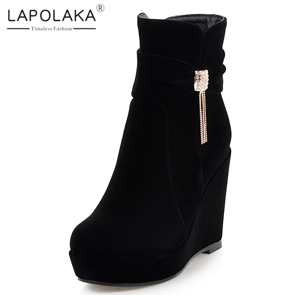 

Lapolaka New Fashion Flock Crystal Decoration Ladies Wedges High Heels Ankle Boots Woman Platform Ankle Boots Woman Shoes Woman