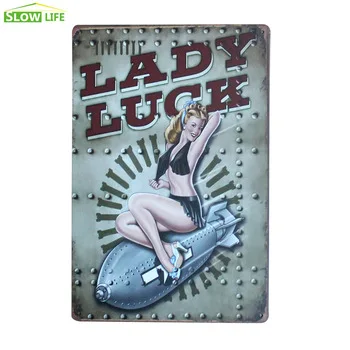 Lady Luck Sexy Girl Bomb Metal Tin Sign Bar Wall Decor Metal Sign Vintage Home Decor Metal Plaque Retro Painting Metal Plate