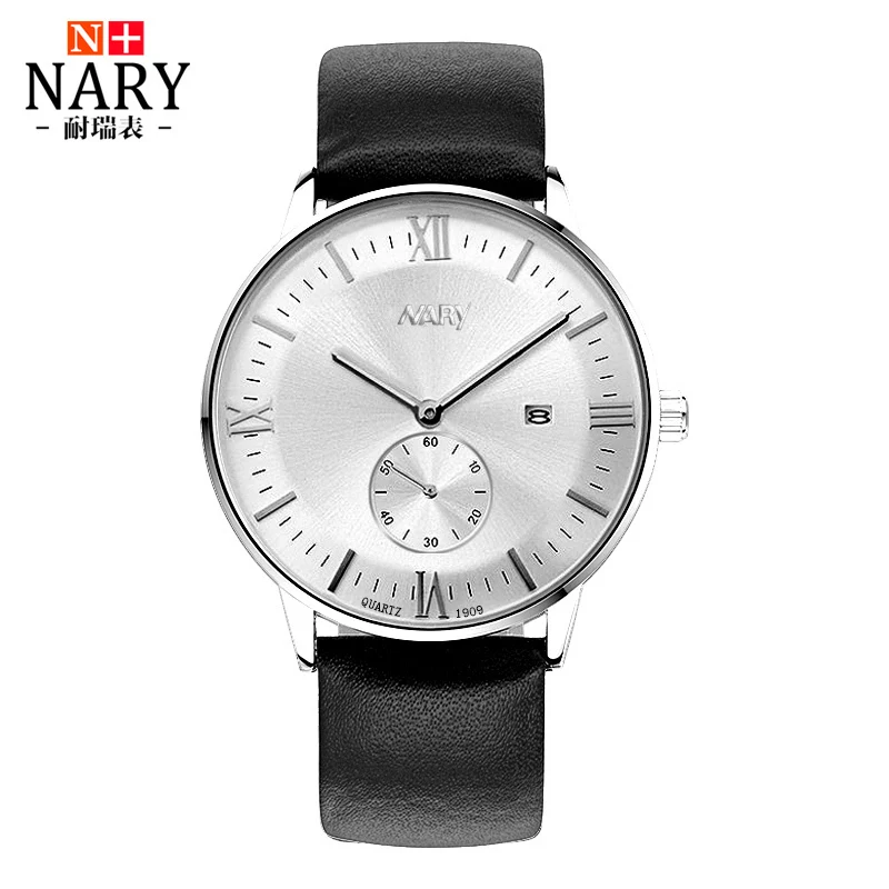 NARY Brand Fashion Men Watch Genuine Leather Strap Luminous hands WristWatch Retro Roman numerals Quartz Watch