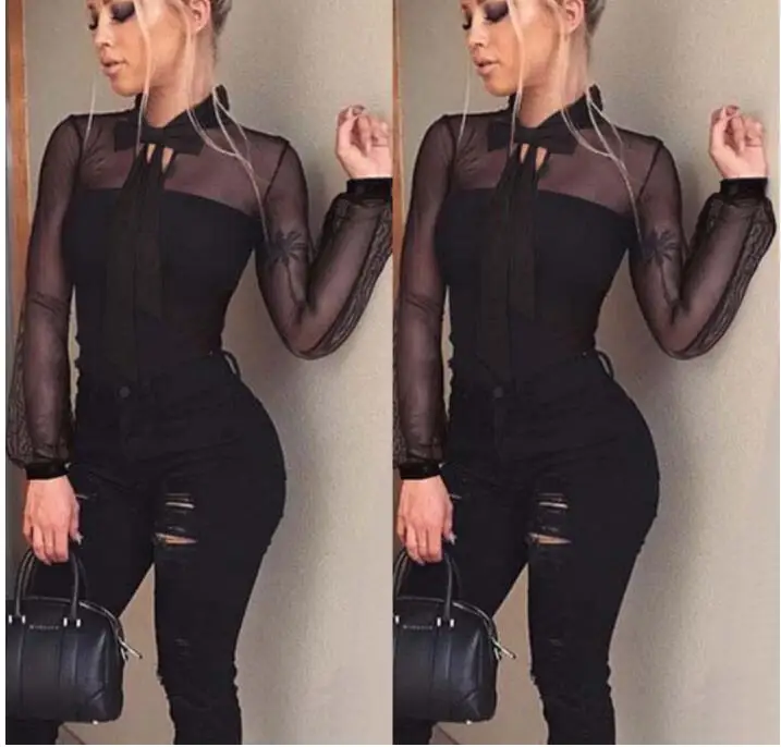 

Fashion Women Ladies Sexy Leotard Tulle Long Sleeve Bandge Tops Thin Summer Jumpsuit S-XL Women Clothes Blouse Top Bodysuits