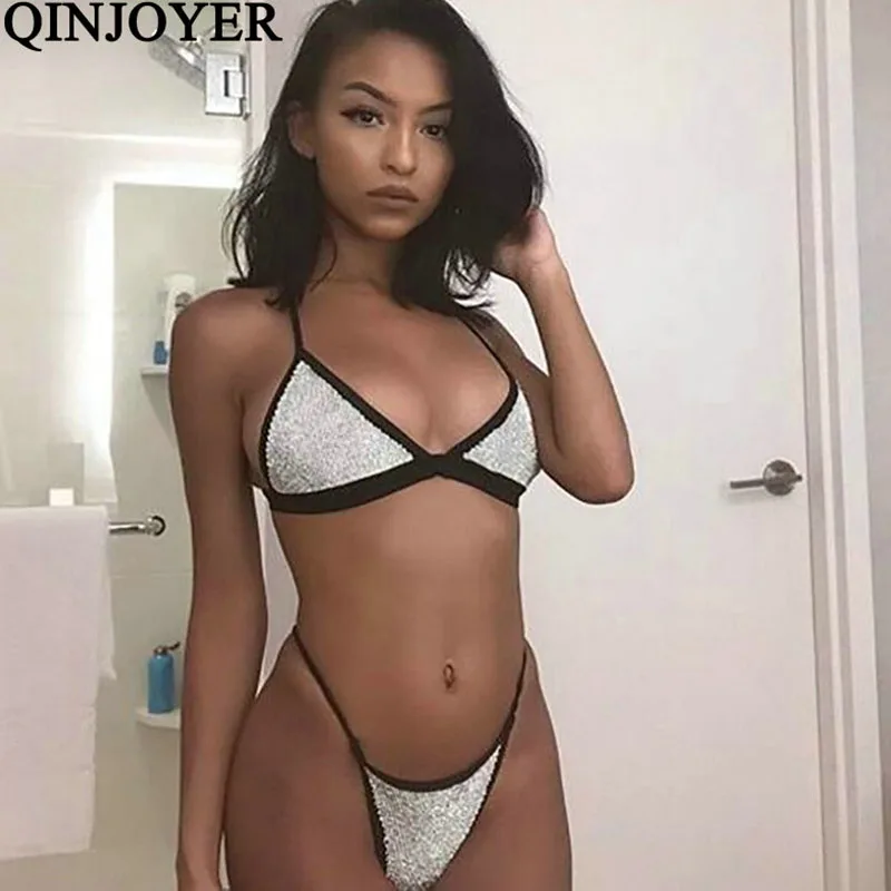 QINJOYER Sexy Micro Brazilian Bikini Set Sequin 2019 Rhinestone Mini Swimsuit Women Push Up Swimwear Tanga Bathing Suits | Женская