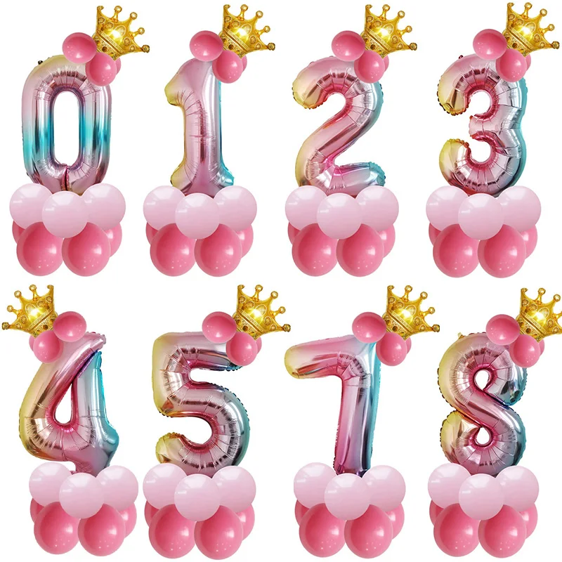 

Sale 0-9Years 14PCS/Lot 32 Inches Birthday Balloons Crown Number Foil Balloons Gradient Happy Birthday Party Decorations