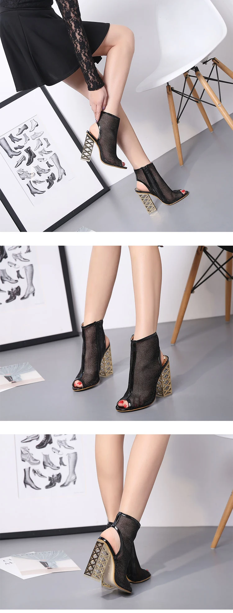Eilyken/Новинка; пикантные золотистые сандалии-гладиаторы; обувь на молнии с открытым носком; прозрачные туфли-лодочки на массивном каблуке; женские ботинки