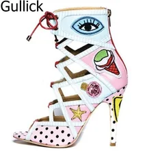 New Fashion Open Toe Lace-up Ankle Boots Colorful Printed Leather High Heel Sandals Cut-out Strap Women Party Shoes Free Ship bohemia sandalias mujer 2018 new fashion colorful rivets high heel sandals punk style lace up sexy open toe party shoes woman
