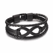 Charm Infinity Bracelets for Unisex Men Women Black Brown Leather Bracelet Silver Color Cuff Jewelry