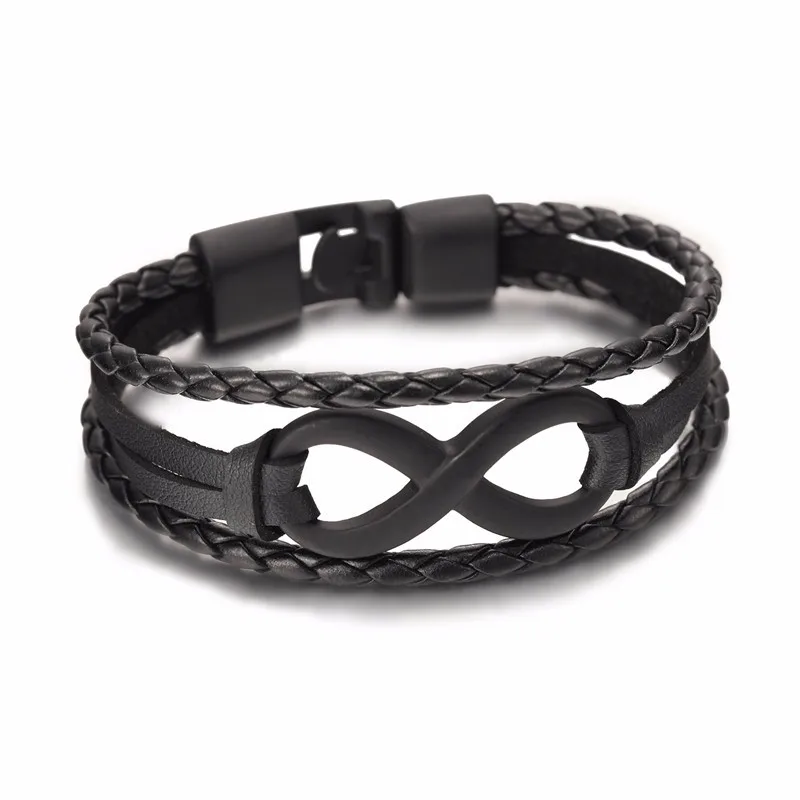 

Charm Infinity Bracelets for Unisex Men Women Black Brown Leather Bracelet Black Silver Cuff Leather Jewelry