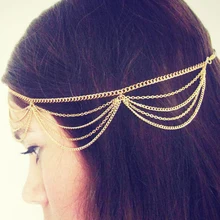 Серебряное золото для женщин простой Бохо свадебный головной цепи металлические на волосы на лбу Ювелирная лента кисточка богемный головной убор головная повязка
