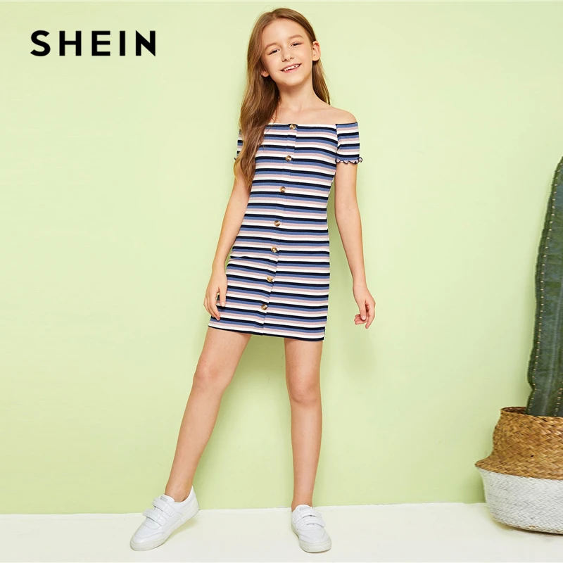 SHEIN/повседневное платье в полоску с пуговицами спереди для девочек; коллекция года; летнее облегающее платье-футболка с короткими рукавами и отделкой в виде салата