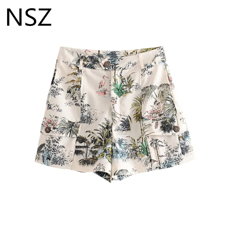 

NSZ Women Tropical Print Summer Shorts Zipper Pocket High Waist Hot Shorts Beach Vacation Loose Casual Short Trousers