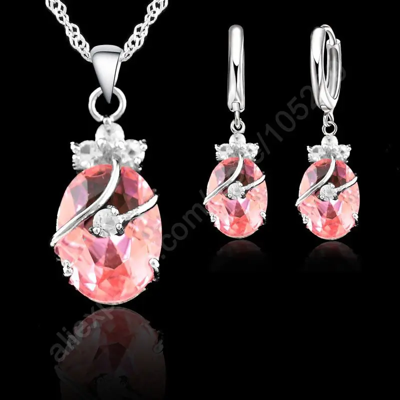 Новая мода 7 цветов тонкий Овальный Кристалл 925 пробы серебряные ювелирные изделия набор кулон ожерелье серьги Ювелирная коллекция - Окраска металла: Pink