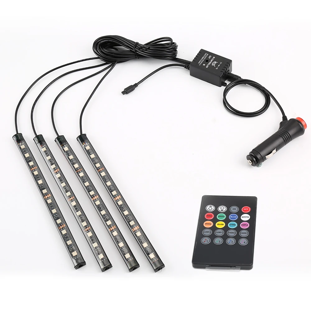 

4pcs Car RGB LED Strip Light Color Decorative Atmosphere Lamps Car Interior Light With Voice and Remote Control LED Strip Light