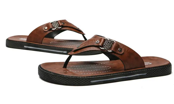 New Arrival Leather Men Beach Slippers Fashion Flip Flops With Soft Sole Trendy Breathable Men Beach Summer Shoes (5)