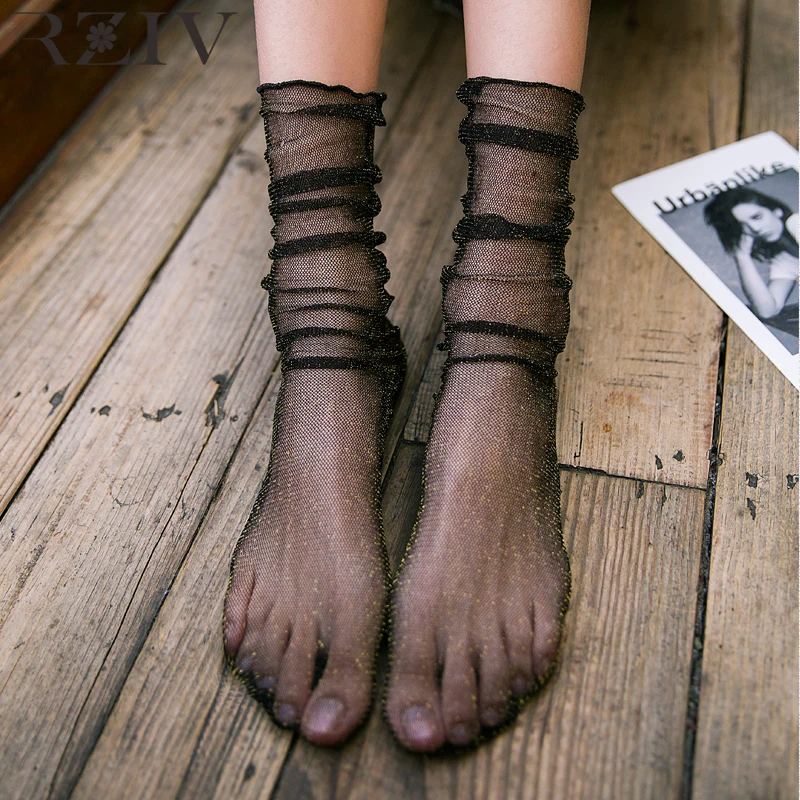 

summer women socks casual socks solid wood ear gold and silver transparent mesh socks