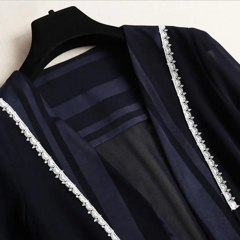 Costumes Taille Cardigan Printemps Elastique Automne Pantalon Top Grande Nouvelle Mode De Manches Longues Ensembles Pièces Jambes Dark Extérieure Blue Deux Dames Large FTvxwvBqY