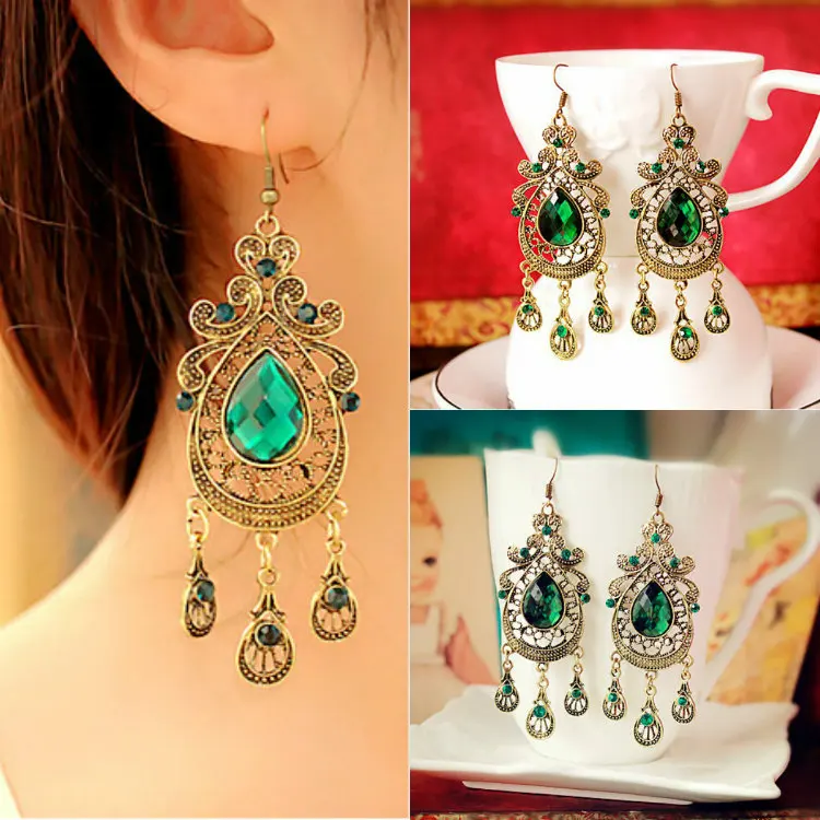 European and American retro style palace green water drop earrings exaggerated female long section of large