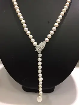 

Hand knotted 60-65cm 7-8 mm natural white freshwater pearl y-shaped sweater chain leaf clasp necklace fashion jewelry