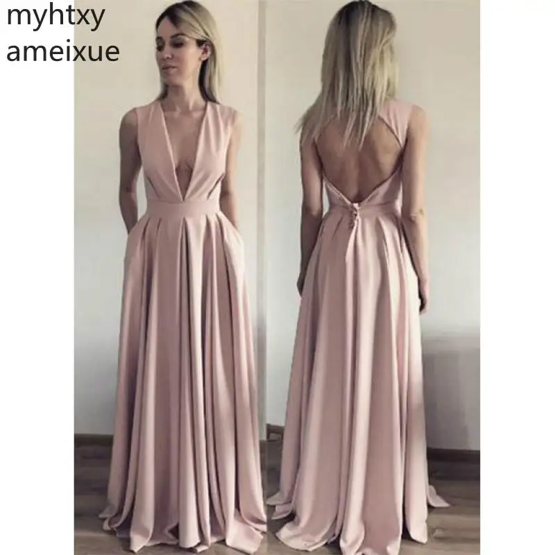 

2019 Sexy Cheap Plus Size Robe Evening Dresse A-line V Neck Prom Dress Backlessfloor Length Sleeveless Evening Gowns Custom Made