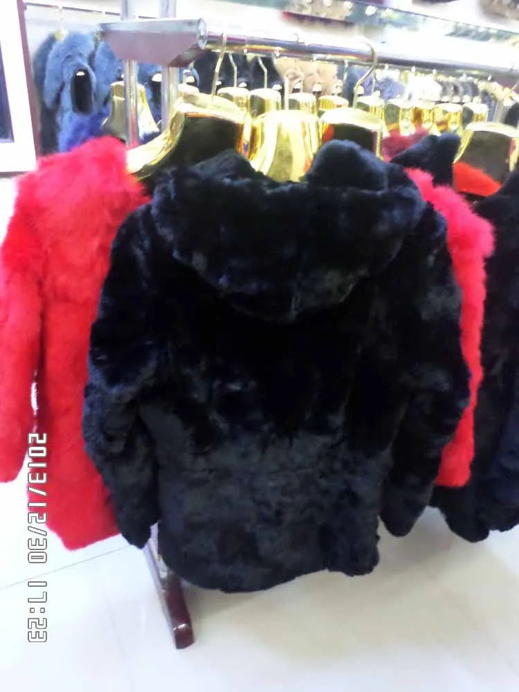 Long with hood rabbit long sleeve real fur coat