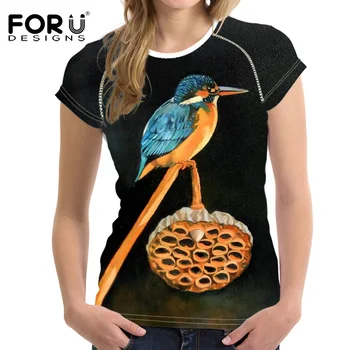 

FORUDESIGNS Kingfisher Print Women T Shirt Crop Top For Woman T-shirt Wholesale Short Ladies Tee Shirt Brand Feminine Clothes XL