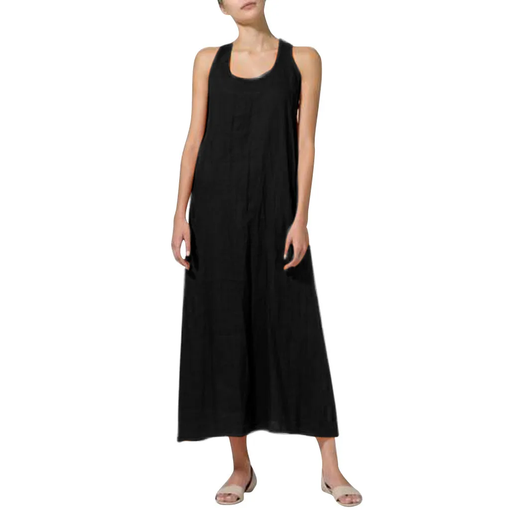 

Plus Size Women Casual Party Dress Ladies Sleeveless Vintage Solid Elegant Dress 2019 New Fashion Women Long Maxi Dress Female