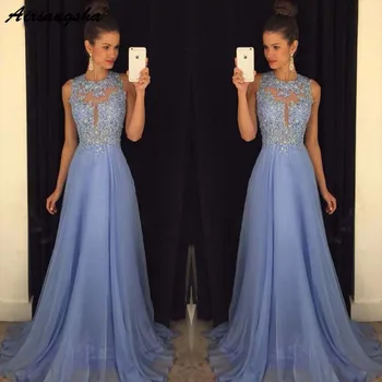 

Sexy O Neck A Line Chiffon Lace Appliques Beaded Light Blue Long Prom Dresses 2018 Court Train Prom Gowns