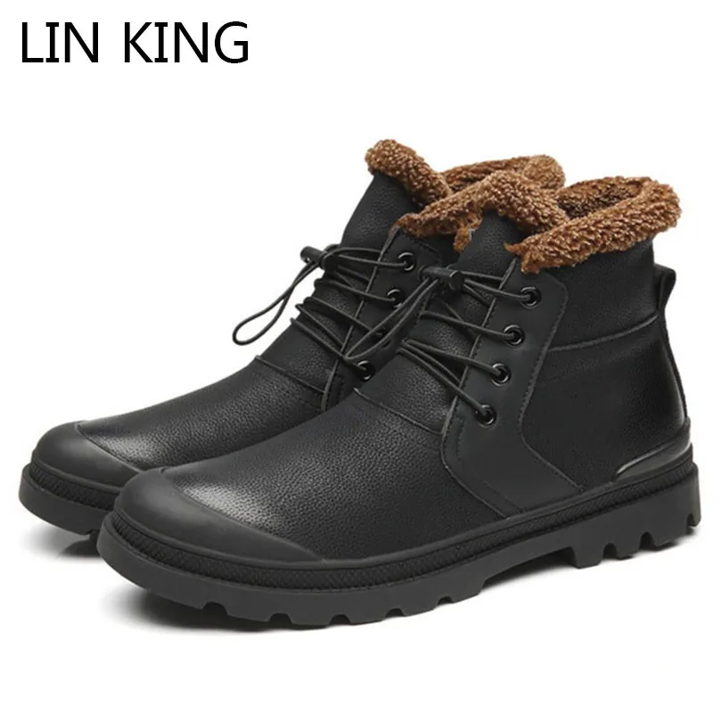 

LIN KING Fashion Black Men Winter Boots Warm Plush Boots Lace Up Work Safety Boots Man High Top Motorcycle Boots For Male