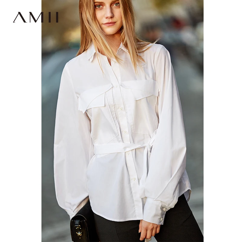 

Amii Minimalist Women Shirts Spring 2019 New Office Solid Lantern Sleeve Lace Up Belt Cotton Notched Female Black White Blouse